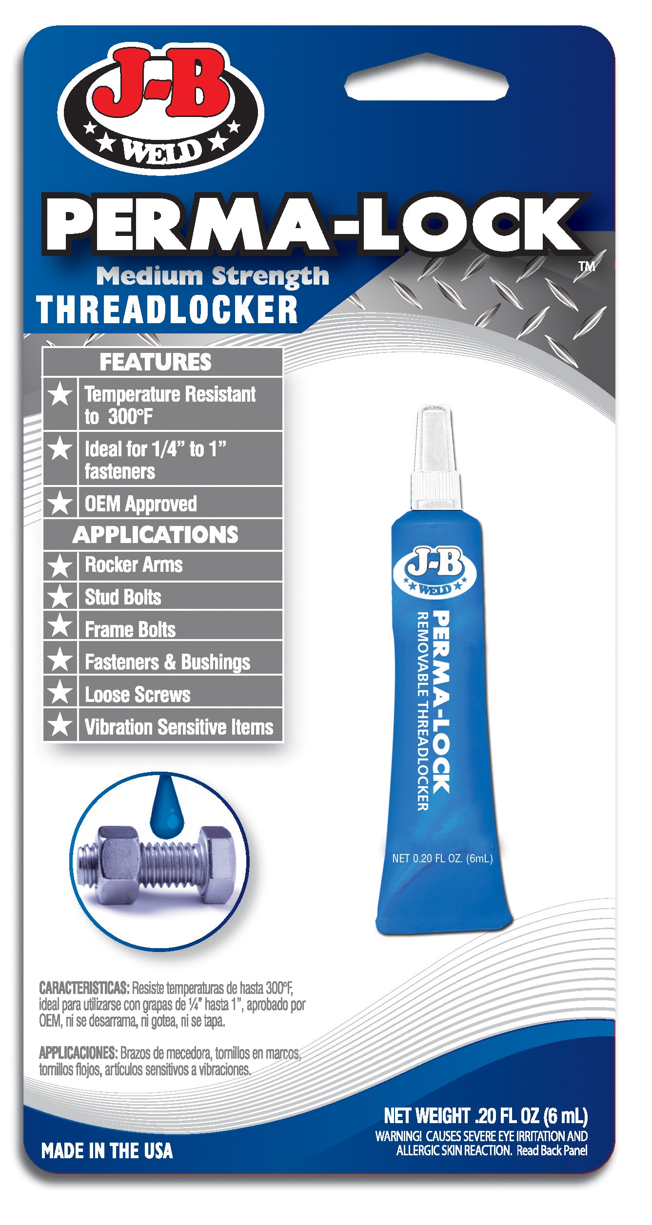 JB Weld 24206 J B Weld J-B Weld 24206 Perma-Lock Medium Strength Threadlocker - Blue - 6 ml.
