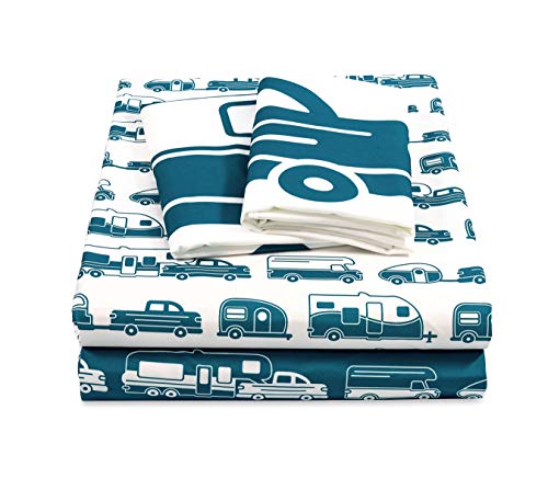 Camco 53298 RV Bed Sheet Set Short Queen Blue White Campsite Print