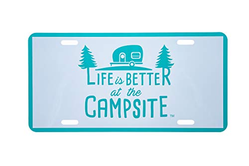 Camco 53251 Life Is Better At The Campsite Novelty Vehicle Front License Plate Perfect For Rvs, Campers And Trailers And More, 6" X 12", Teal Blue