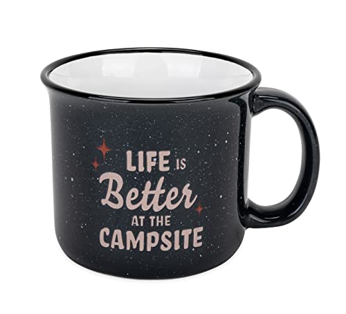 Camco 53473 Life Is Better At The Campsite Ceramic Mug | Microwave And Dishwasher Safe | Dark Speckled Blue Background With Red Retro Stars And Tan Life Is Better At The Campsite Design | 14 Oz.