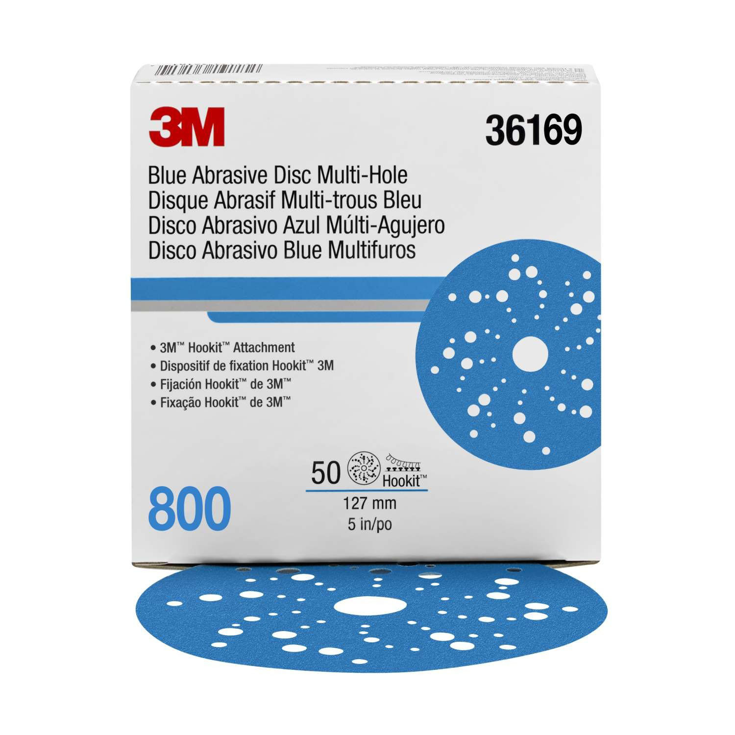 3M 36169 Hookit Blue Abrasive Disc 5-Inch 800 Grit Multihole (50-Pack)