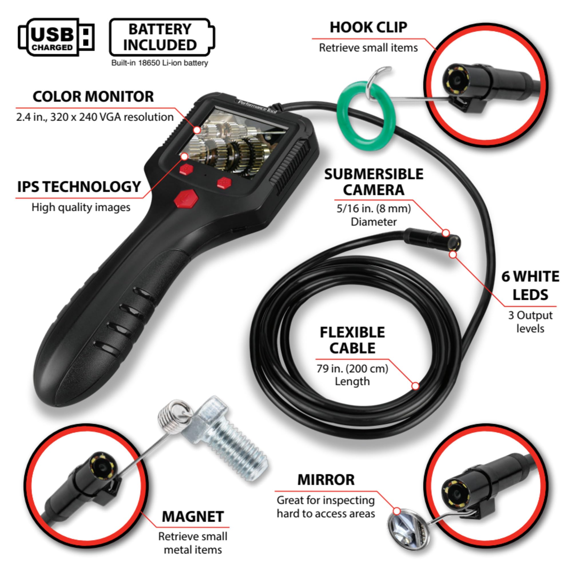 Performance Tool W50146 2.4" LCD Inspection Camera with IPS Display