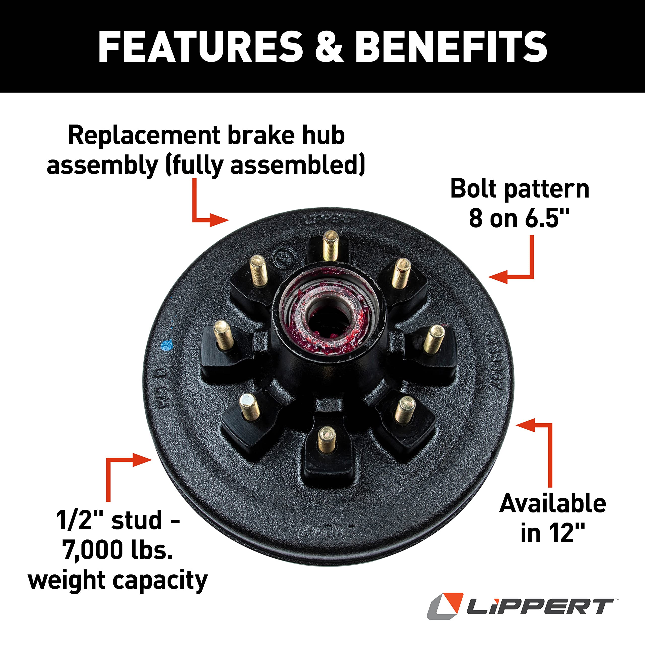 Lippert Components 814203 12" Brake Drum Hub Assembly for 7,000-lb RV Axle