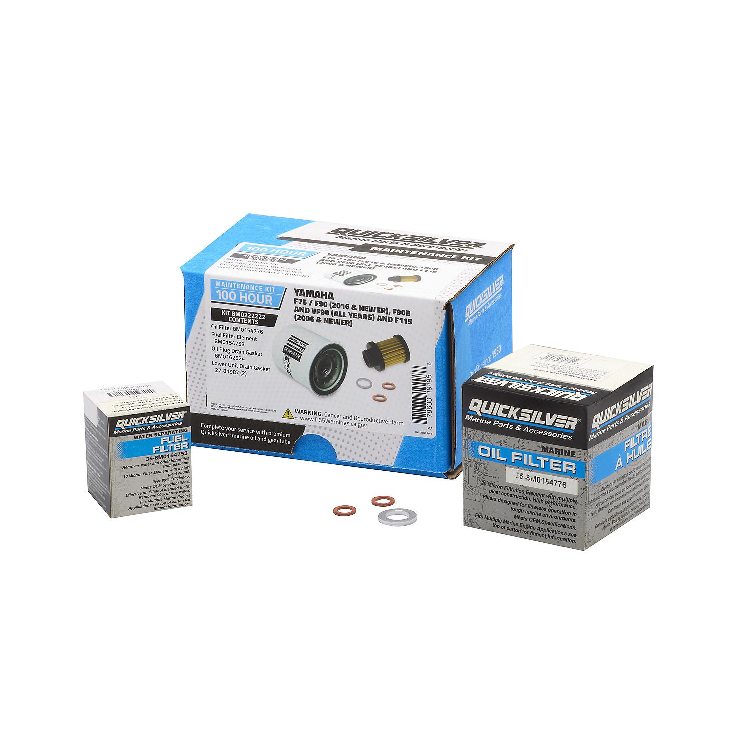 Quicksilver 8M0222222  100 Hour Maintenance Kit, Yamaha F75/F90, F90B & VF90 and F115