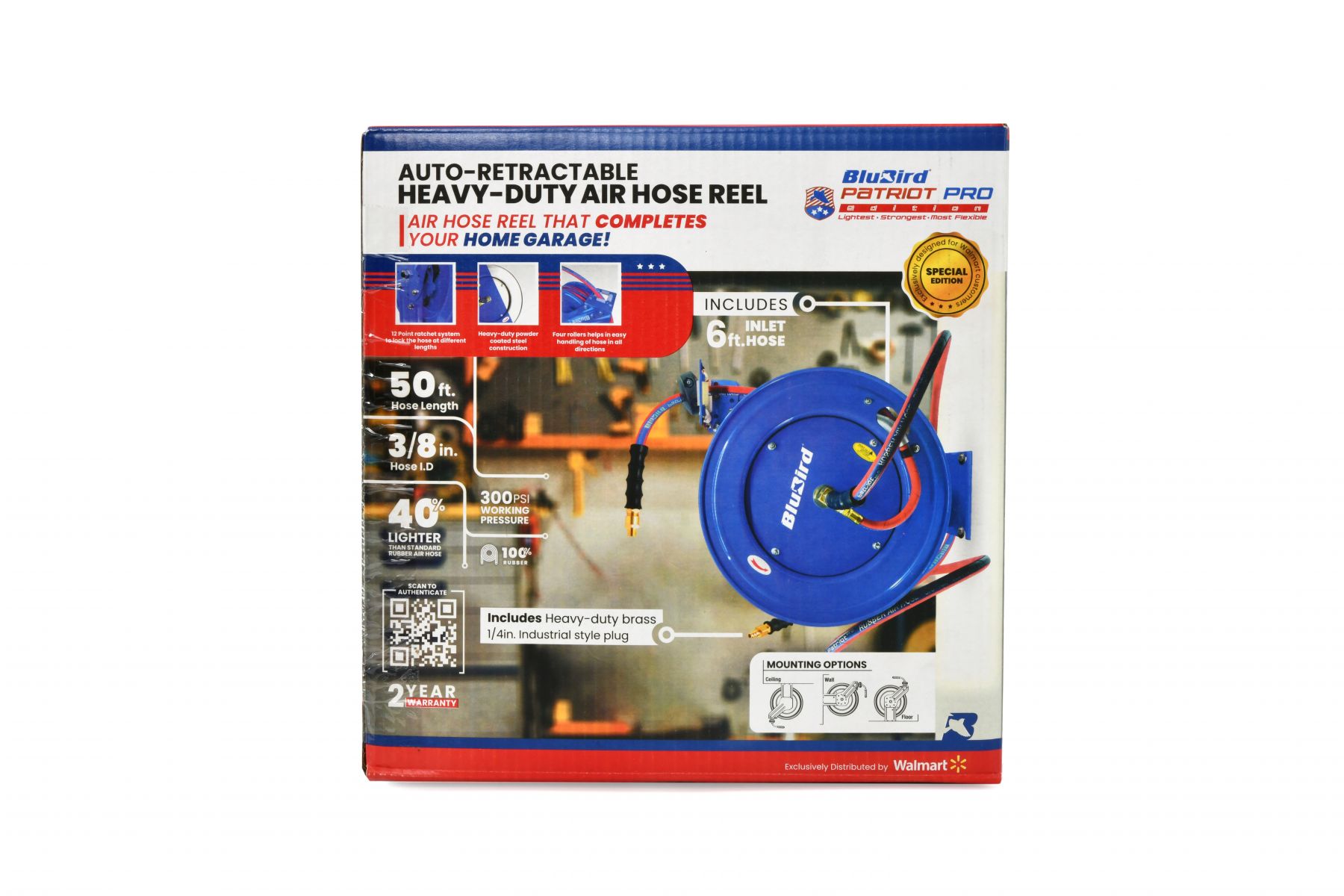 Patriot Pro PPRHD3850 BluBird 3/8" x 50' Rubber Air Hose Reel with Auto Rewind