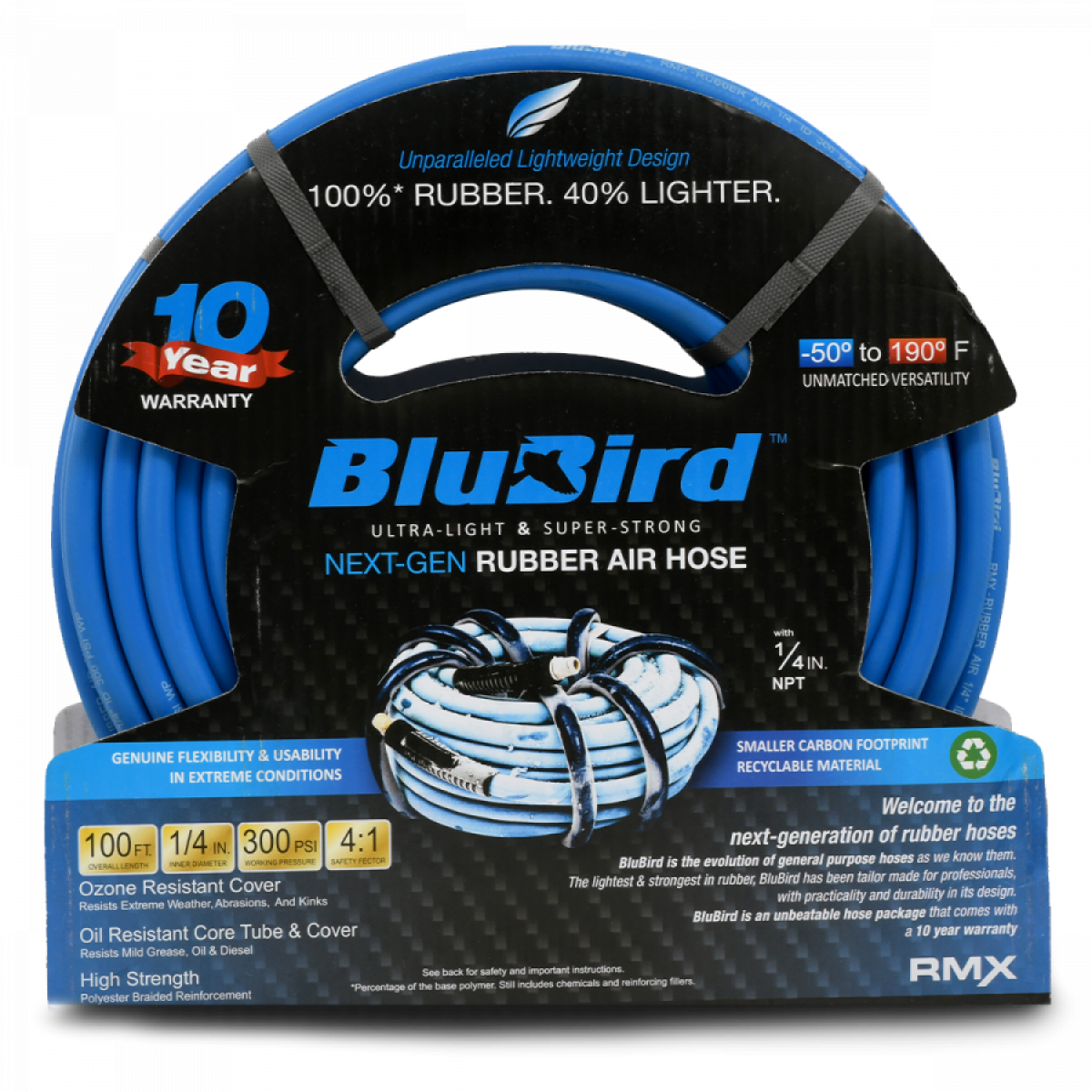 BluBird BB14100 Rubber Air Hose Assembly 1/4 Inch x 100 Feet 300 PSI