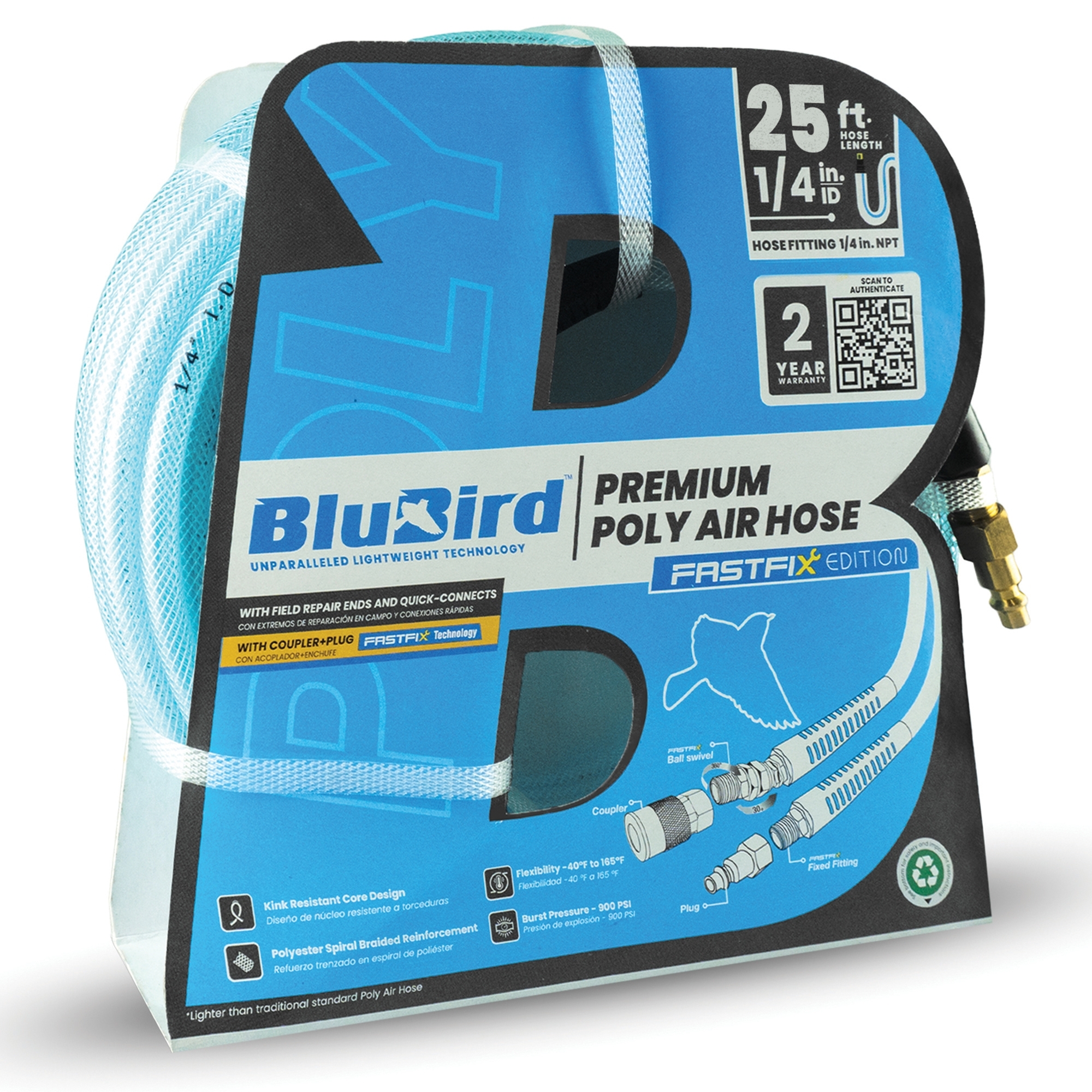BluBird BBPU1425 Braided Polyurethane Air Hose 1/4" x 25' with Bend Restrictors