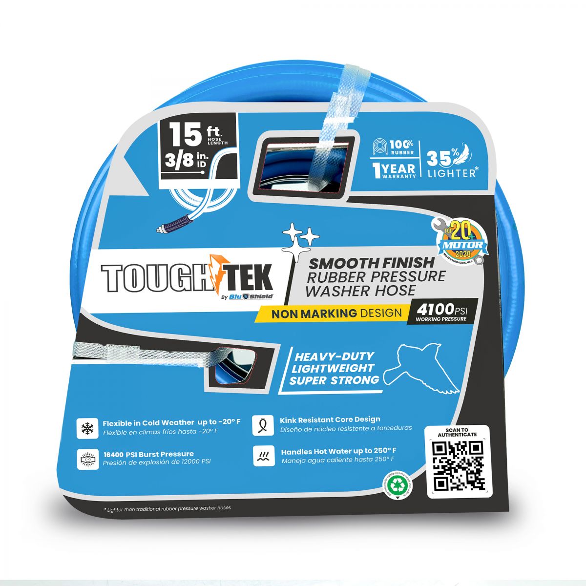 Blushield TTPW3815-NM Tough-Tek Rubber Pressure Washing Hose 3/8" x 15' Blue