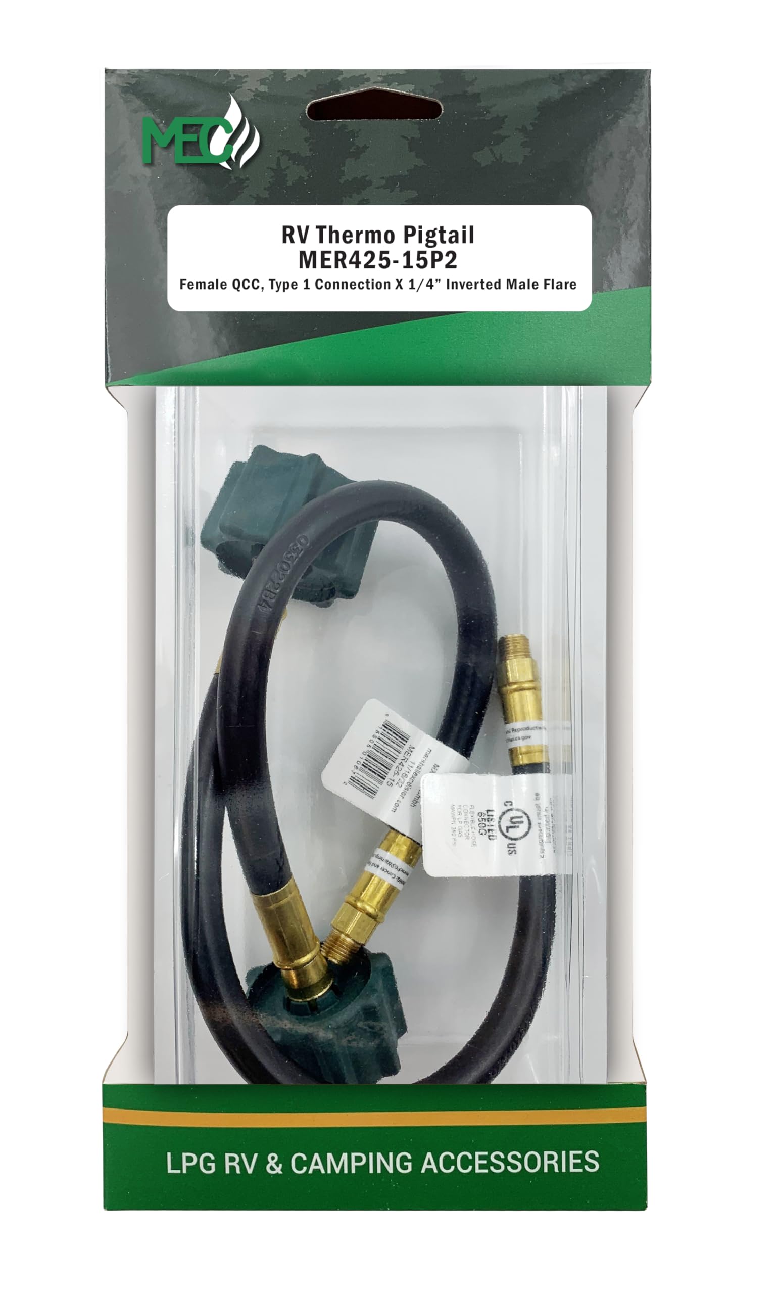 Marshall Excelsior Co. MER425-15P2 Thermo Pigtail LP Gas Hose 1/4" Inverted Flare x QCC 15" 2-Pack