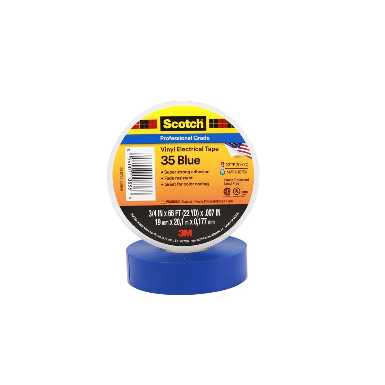 3M 7000006095 54007-10836 3M Scotch vinyl electrical Tape 35, 3/4" x 66', Blue