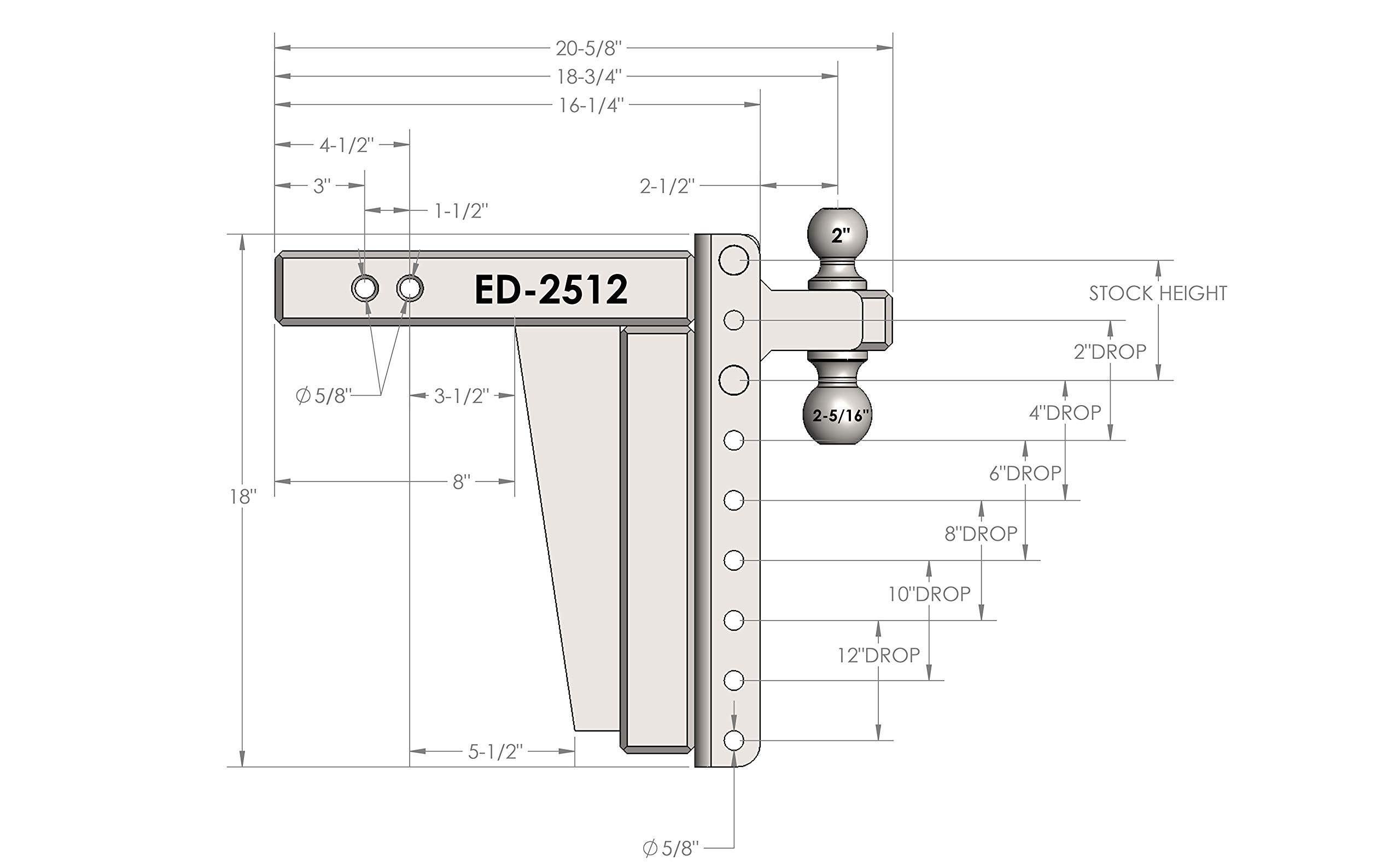Bulletproof Hitches ED2512 2.5" Adjustable Extreme Duty Trailer Hitch 36,000 lb Rating 12" Drop/Rise