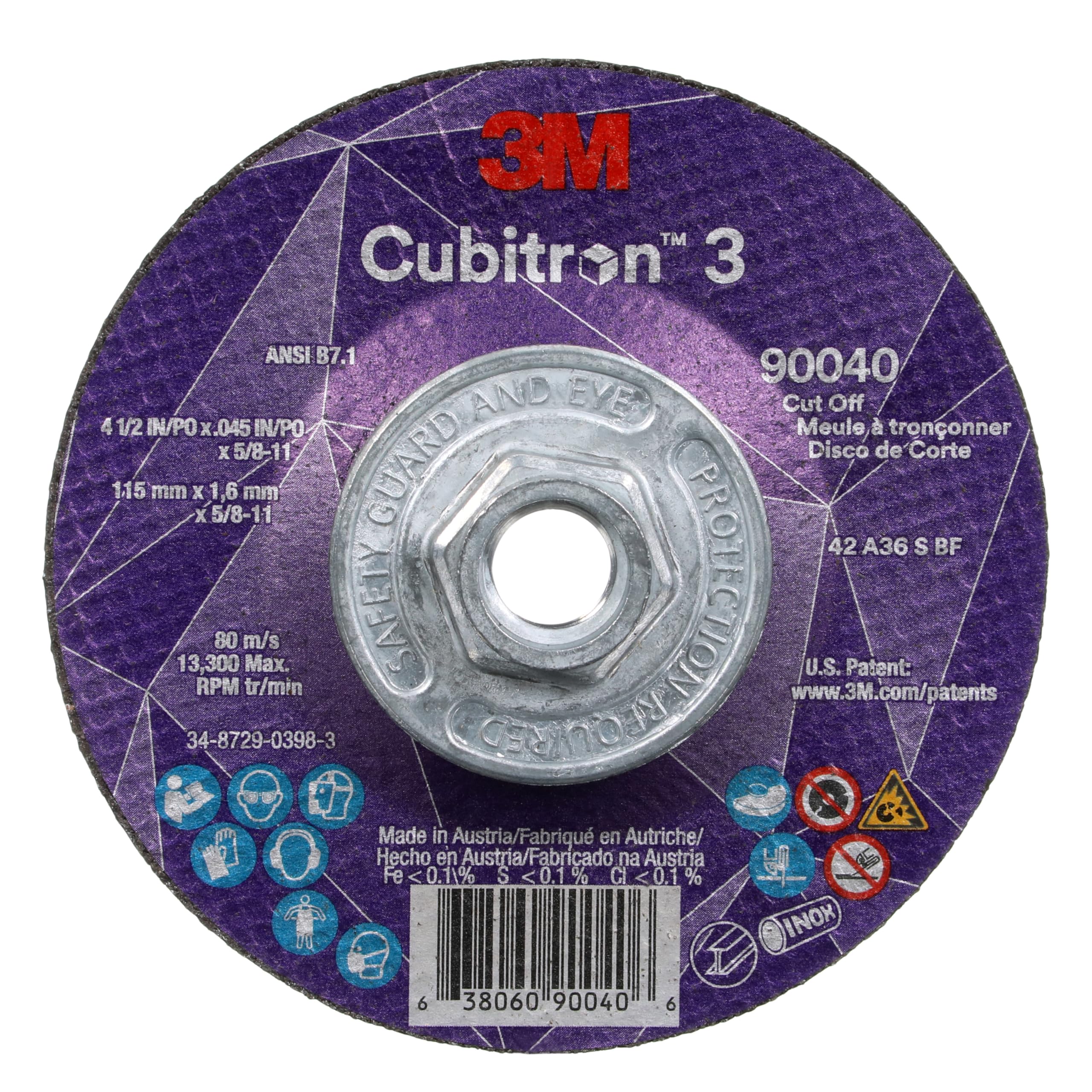 3M 90040 Cubitron 3 Cut-Off Wheel, , 36+, T27, 4-1/2 in x 0.045 in x 5/8 in-11 (115 x 1.6 mm x 5/8-11 in), Precision Shaped Grain, Autobody and Marine Sheet Metal, Stainless Steel Tubing