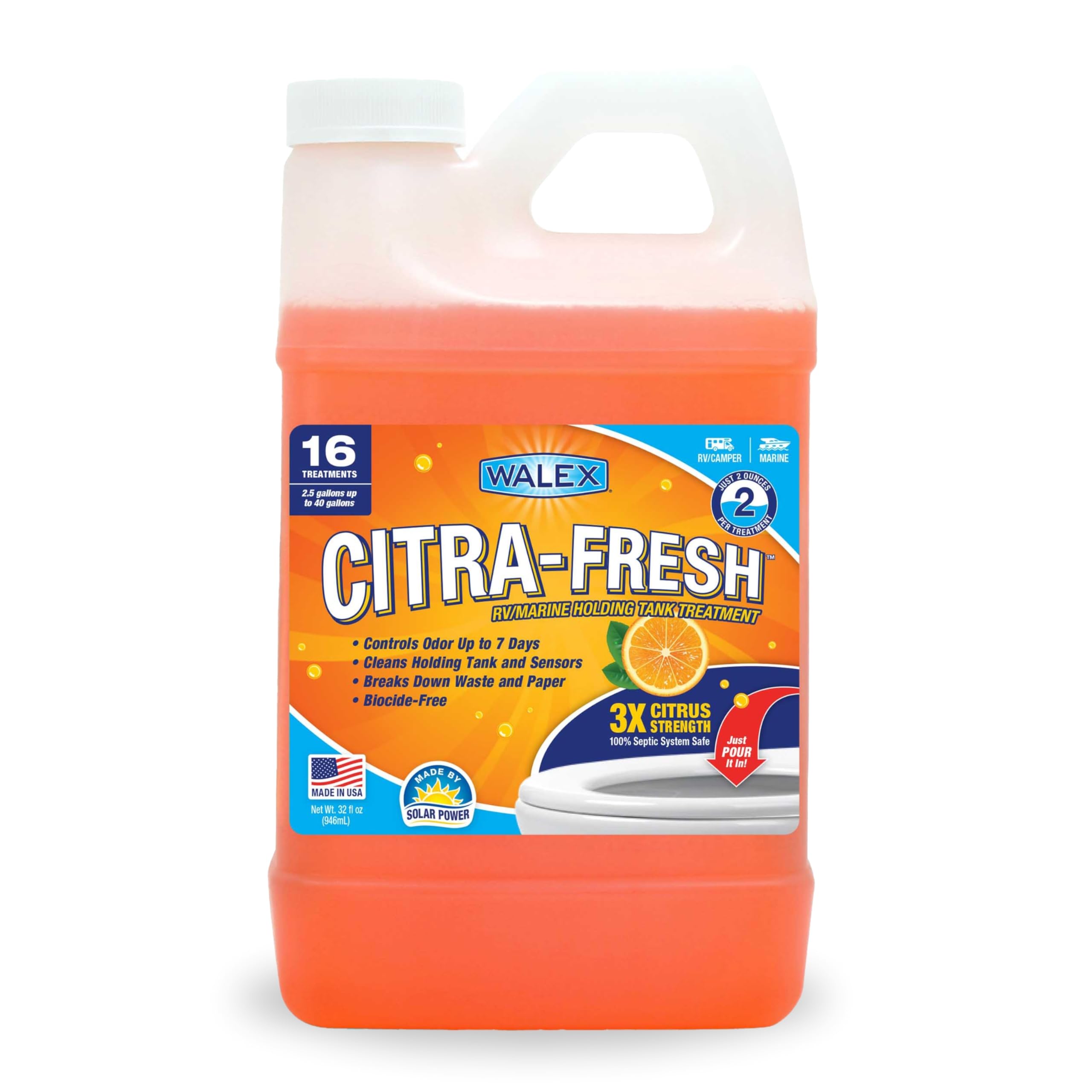 Walex Products CITRAFR32 Citra-Fresh Liquid Holding Tank Treatment for RV, Camper & Marine - Black Water Tank Deodorizer for Rapid Breakdown of Waste & Toilet Paper, Biocide-Free, Septic Tank Safe, 32oz