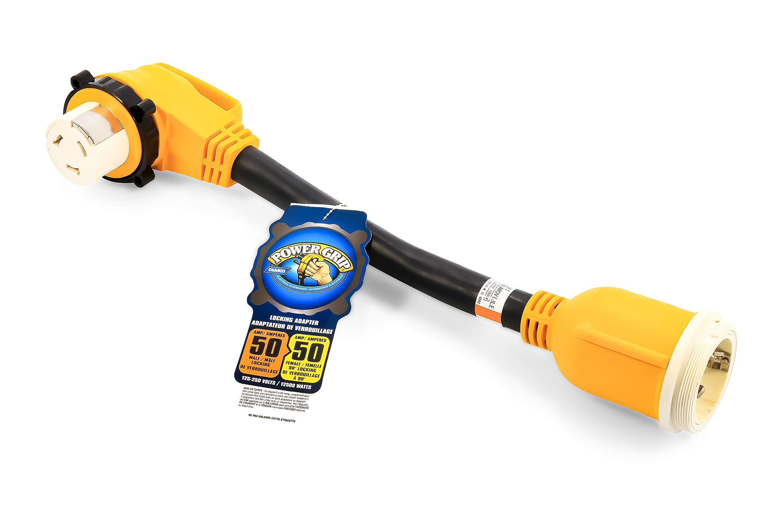 Camco 55572 PowerGrip 50 Amp Dogbone Adapter 18 Inch 90 Degree Locking