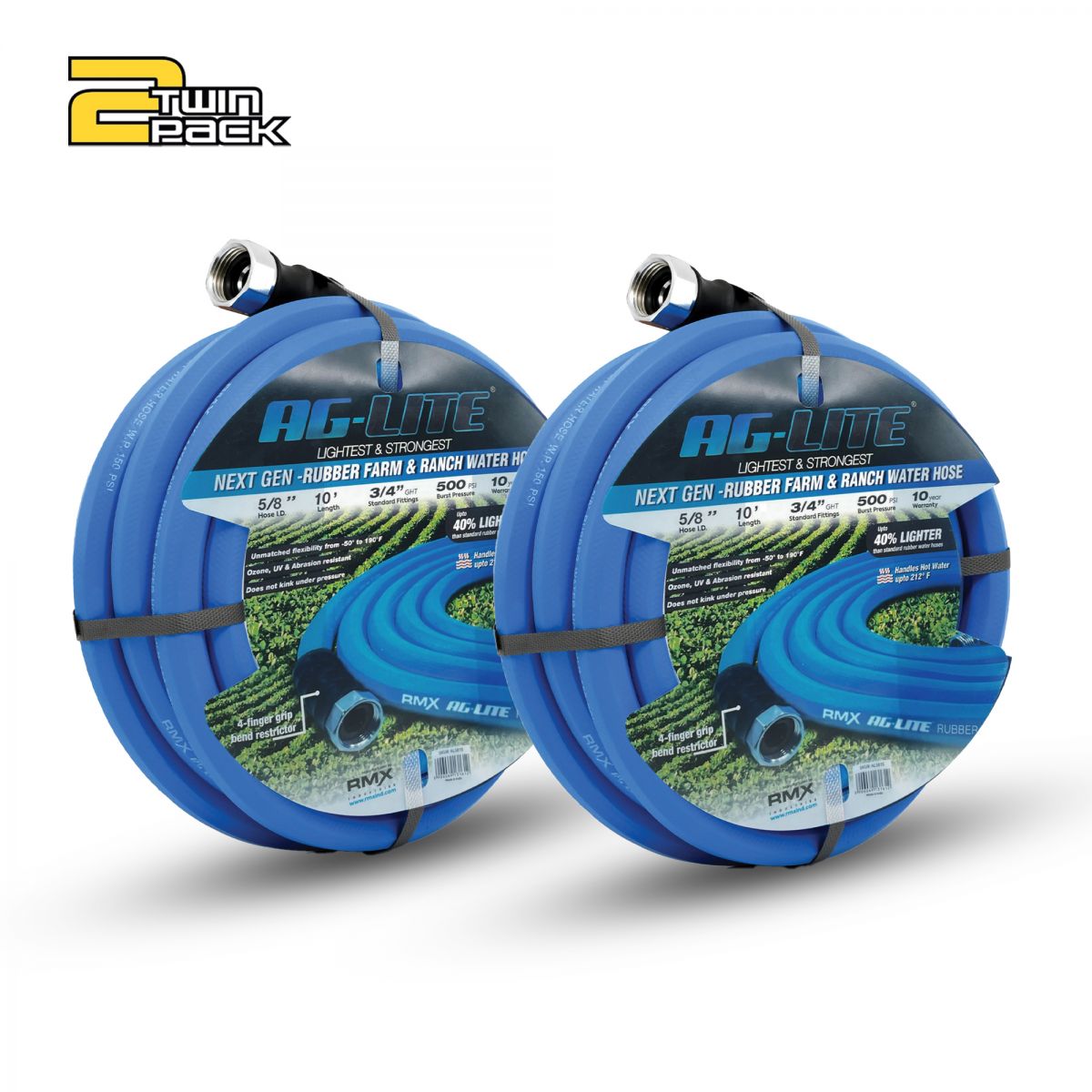 AG-Lite AL5810-2pk Premium Rubber Water Lead-In Hose 5/8" x 10' with GHT Fittings 2-Pack