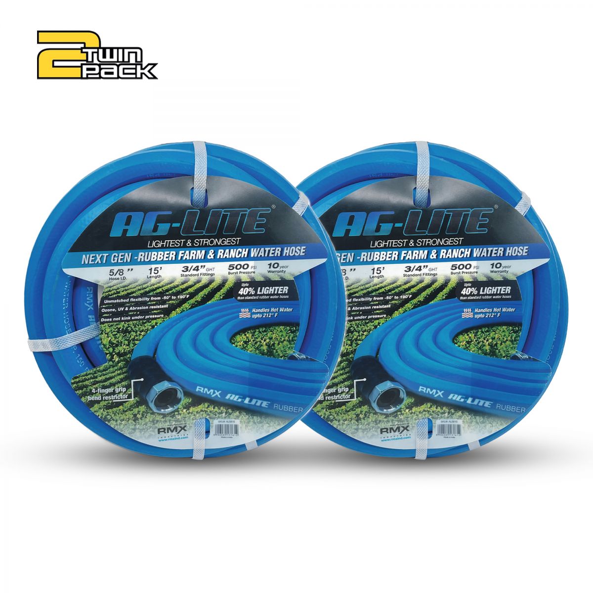 AG-Lite AL5815-2pk Premium Rubber Water Hose 5/8" x 15' with GHT Fittings 2 Pack