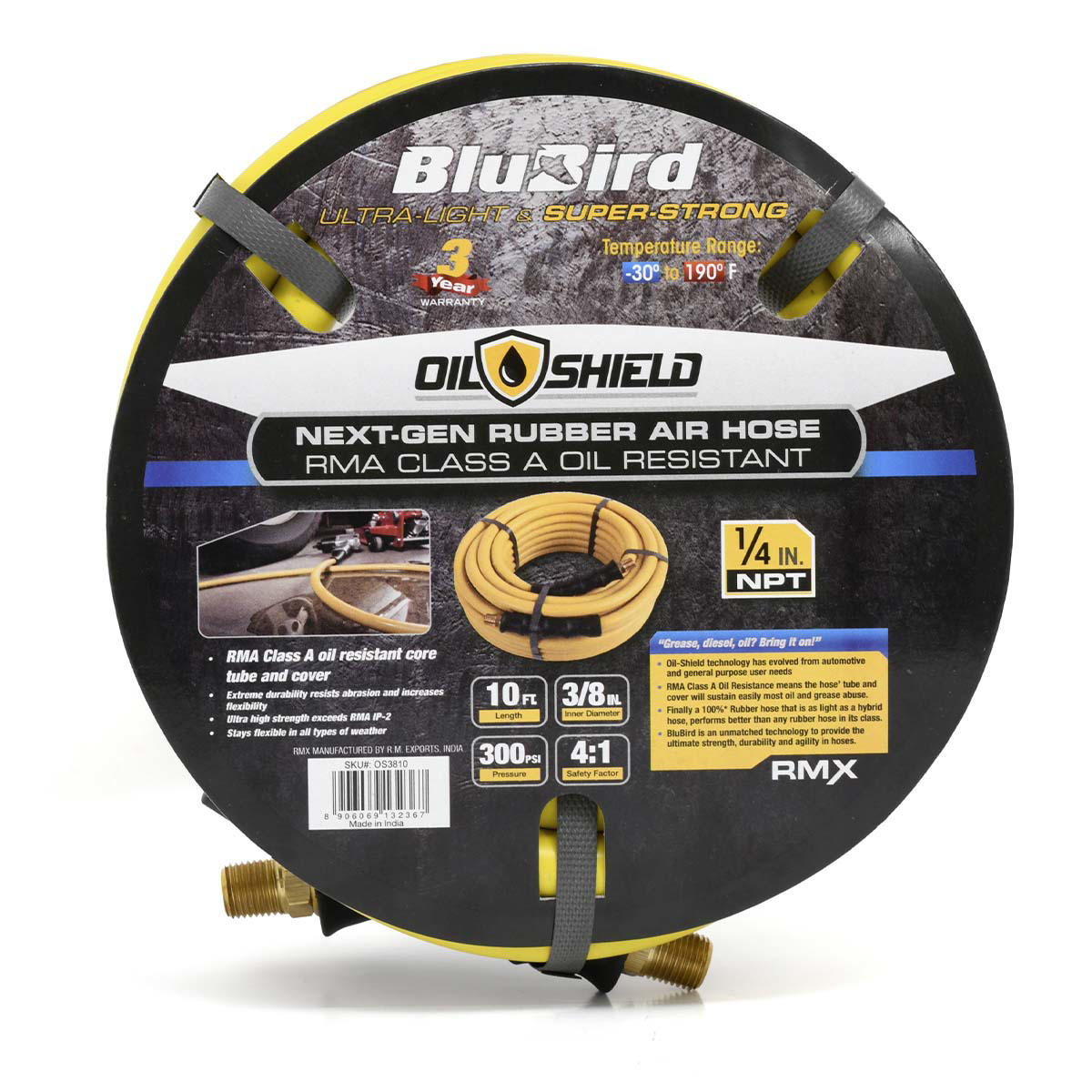 OilShield OS3810 Rubber Air Hose 3/8 in. x 10 ft with Brass Fittings