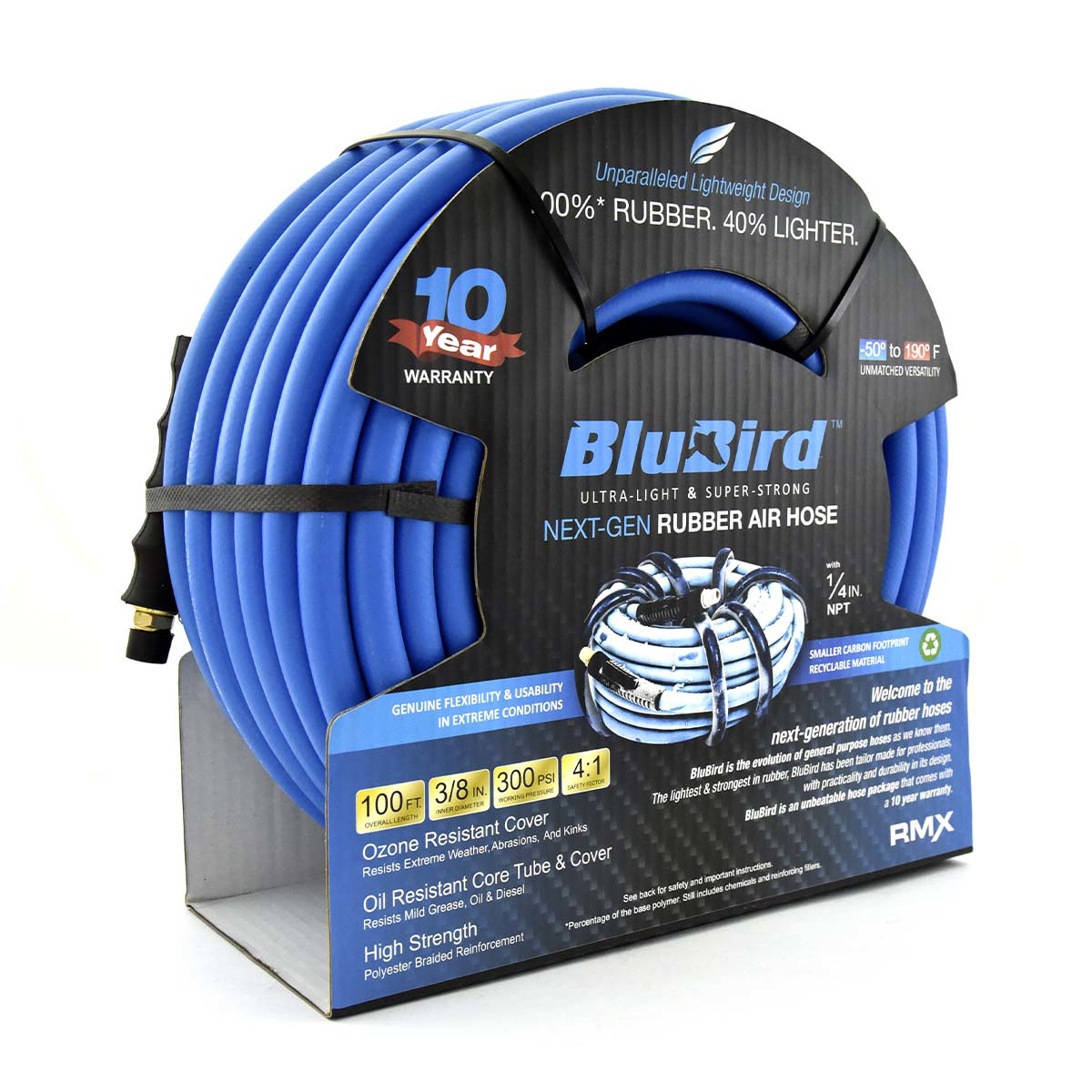 BluBird 10010352 Rubber Air Hose 3/8 in. x 100 ft. with 1/4 in. MNPT Fittings