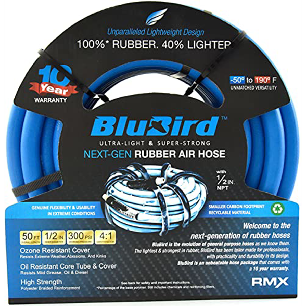 BluBird 10010290 Rubber Air Hose Assembly 1/2" x 50' 300 PSI EPDM