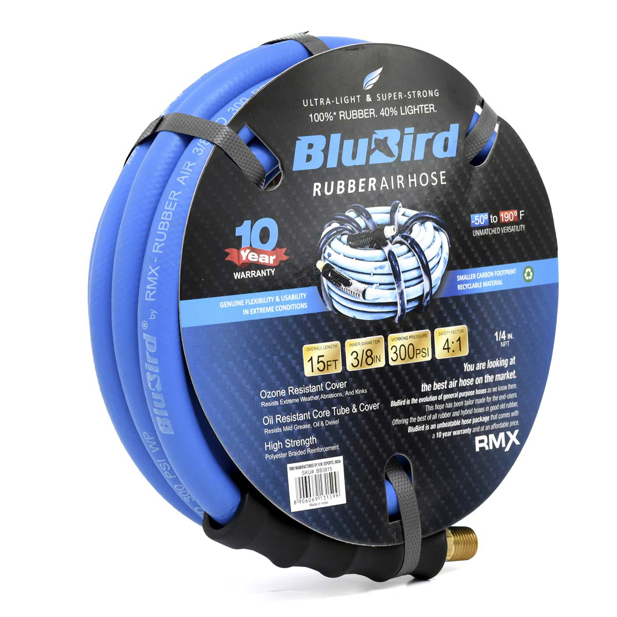 BluBird 10010358 Rubber Air Hose Assembly 3/8" x 15' 300 PSI