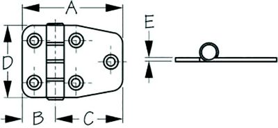Sea-Dog Line 203510-1 Sea-Dog 2035101 Dampening Short Side Door Hinge, #8 FH, Weight= .09/ .18 A= 2-1/8", B=11/16" C= 1-7/16", D= 1-1/2", E= 1/16"