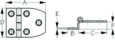 Sea-Dog Line 203512-1 Sea-Dog 2035121 Dampening Offset Short Side Door Hinge #8 FH Weight .10/ .20 A=2-18", B=5/8", C=1-3/8", D=1-1/2", E= 1/16",  F=3/8"