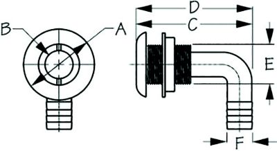Sea-Dog Line 520835 Sea-Dog 520835 90° Thru-Hull With Stainless Cap, A:2-3/8", B: 1-1/8", 1-13/16" ,D: 4-5/16", E: 1-9/16" ,F: 1-1/2", Stainless