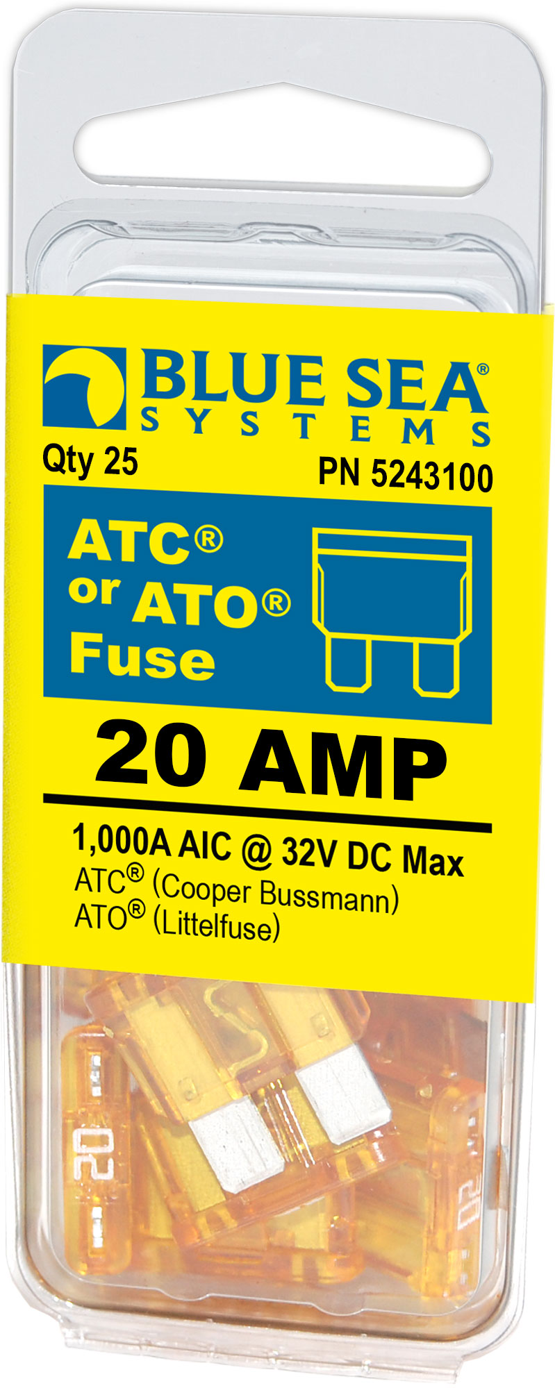 Blue Sea Systems 5243100-BSS Blue Sea 5243100 Fuse ATO/ATC 20 Amp 25/Pk