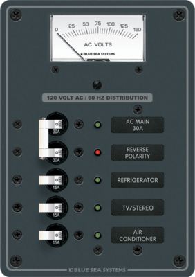 Blue Sea Systems 8043-BSS  Traditional Metal Circuit Breaker Panel - AC Main + 3 Positions, AC Voltmeter