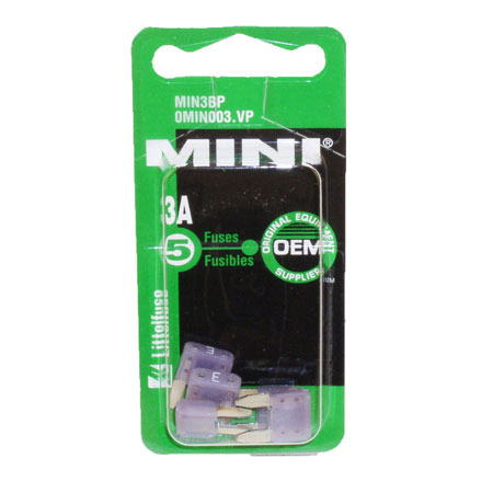 Littelfuse MIN3BP Mini Blade 3 Amp Automotive Fuses 5 Pack Card Packaging
