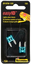 Picture of Bussmann BP/ATM15ID Blue Atm 15 Amp Easyid Illuminating Fast-Acting Automotive Mini Blade Fuses 2 Per Card