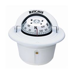 Picture of Ritchie Navigation F-50W Explorer Compass, Mfg# , Flush Mount, White Housing, 2.75" Direct Reading White Dial, Moveable Sun Shield, Green Illumination, Compensators, 4.8" Diameter, 5 Year Warranty.