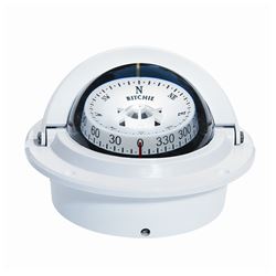 Picture of Ritchie Navigation F-83W Voyager Compass, Mfg# , Flush Mount, White Housing, 3" Combi Direct/top Reading White Dial, Moveable Sun Shield, Green Illumination, Compensators, 5.25" Diameter, 4.3" Hole, 5 Year Warranty.