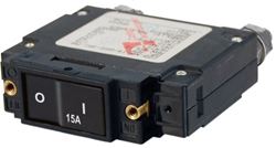Picture of Blue Sea Systems 7542 Circuit Breaker, C Series, Single Pole, Flat Rocker Switch, 15 Amp Dc, Mfg# 7542, Magnetic/hydraulic Operation, Panel Mount With 1.25" X .75" Opening, Won'T Reset W/ Short, 2.5"h X .75"w X 2.84"d; 1/4" Stud Terminals.