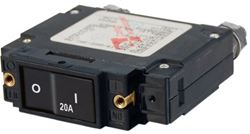 Picture of Blue Sea Systems 7543 Circuit Breaker, C Series, Single Pole, Flat Rocker Switch, 20 Amp Dc, Mfg# 7543, Magnetic/hydraulic Operation, Panel Mount With 1.25" X .75" Opening, Won'T Reset W/ Short, 2.5"h X .75"w X 2.84"d; 1/4" Stud Terminals.
