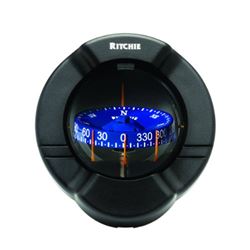 Picture of Ritchie Navigation SR-2 Venture Compass, Mfg# Sr2, Bulkhead Mount (0-40 Deg.), Black Housing, 3.75" Combi Direct/top Reading Blue Dial, Blue Illumination, Optional Compensators, 6.5" Diameter, 4.7" Hole, Includes Front And Back Covers, 5 Year Warranty.