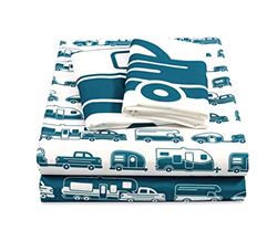 Picture of Camco 53298 RV Bed Sheet Set Short Queen Blue White Campsite Print