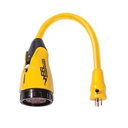 Picture of Marinco P15-30 Eel Pigtail Adapter, Mfg# P15-30, 15a Male To 30a Female. Connect From One Dockside Receptacle (or Other Power Source) To One Boatside Inlet Or Equipment Of Dissimilar Power Configuration. One-Handed Operation And A Secure Waterproof Seal.