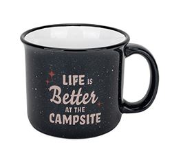 Picture of Camco 53473 Life Is Better At The Campsite Ceramic Mug | Microwave And Dishwasher Safe | Dark Speckled Blue Background With Red Retro Stars And Tan Life Is Better At The Campsite Design | 14 Oz.