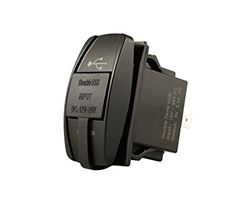 Picture of KJM USB-RSM Dual Usb Charger, Rocker Switch Mount, Mfg# Usb-Rsm. Usb Charger With Protective Cap, Output 5v 1.0a And 5v 2.1a, 12 Or 24vdc Input. Easy To Install In Existing Rocker Switch Hole Providing Convenient Access For Charging Mobile Devices.