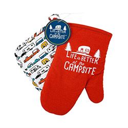 Picture of Camco 53260 Life Is Better At The Campsite Heat Resistant Oven Mitt And Pot Holder Set-Red With White Logo Design, Excellent For Rv Kitchens, Camping And More