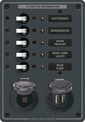 Picture of Blue Sea Systems 8120 5-Position 12V DC Circuit Breaker Panel with Dual USB and 12V Socket