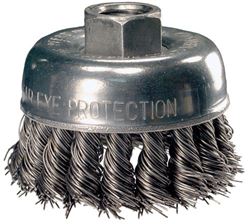 Picture of PFERD 82523 Single Row Power Knot Cup Wire Brush With External Nut And Standard Twist, Threaded Hole, Carbon Steel Bristles, 4" Diameter, 0.023" Wire Size, 5/8"-11 Thread, 9000 Maximum Rpm