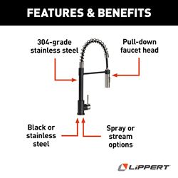 Picture of Lippert Components 2022109922 Flow Max Coiled Pull-Down Kitchen Faucet Black Stainless Steel