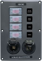 Picture of Blue Sea Systems 4321BSS 4-Position Water-Resistant Circuit Breaker Panel with 12V Socket & Dual USB Charger