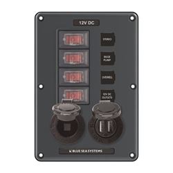 Picture of Marinco 4321-BSS Water-Resistant 4-Position Circuit Breaker Switch Panel with 12V Socket and Dual USB Charger